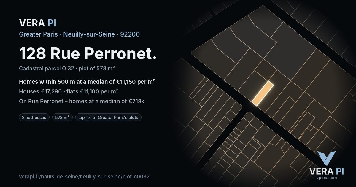 128 Rue Perronet, Neuilly-sur-Seine at night – the plot lit, the parcels around coloured by the prices near them