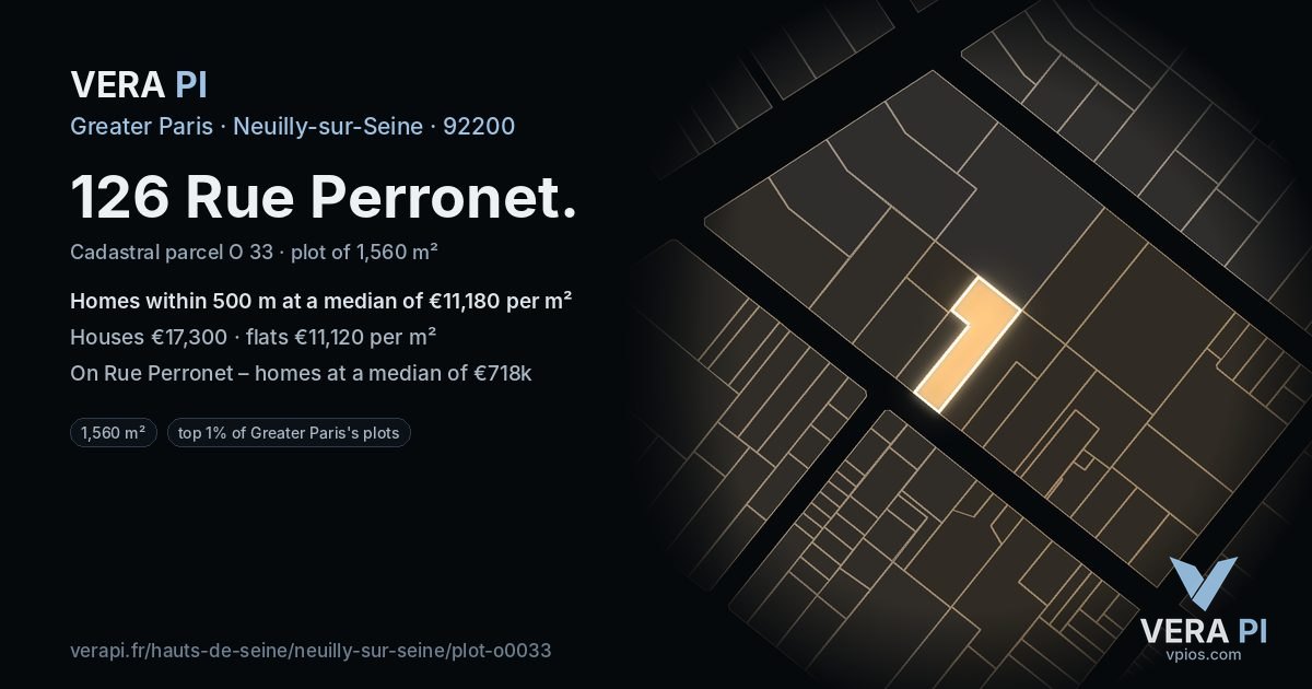 126 Rue Perronet, Neuilly-sur-Seine at night – the plot lit, the parcels around coloured by the prices near them