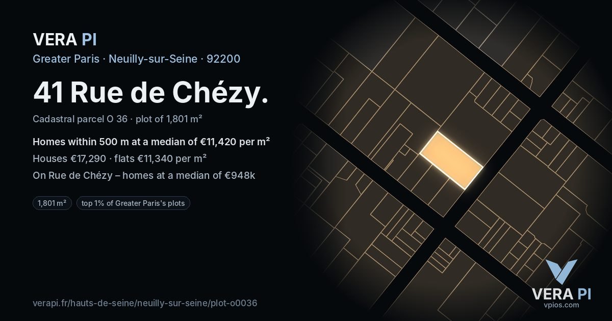 41 Rue de Chézy, Neuilly-sur-Seine at night – the plot lit, the parcels around coloured by the prices near them