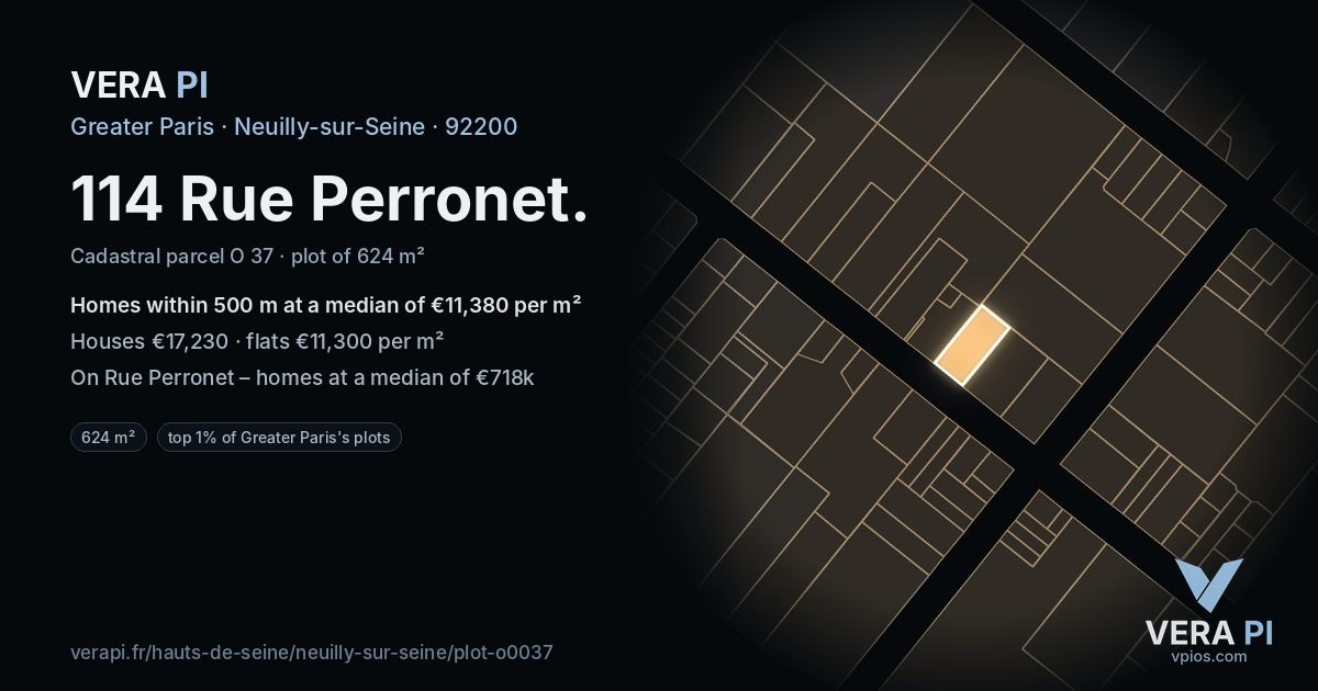 114 Rue Perronet, Neuilly-sur-Seine at night – the plot lit, the parcels around coloured by the prices near them