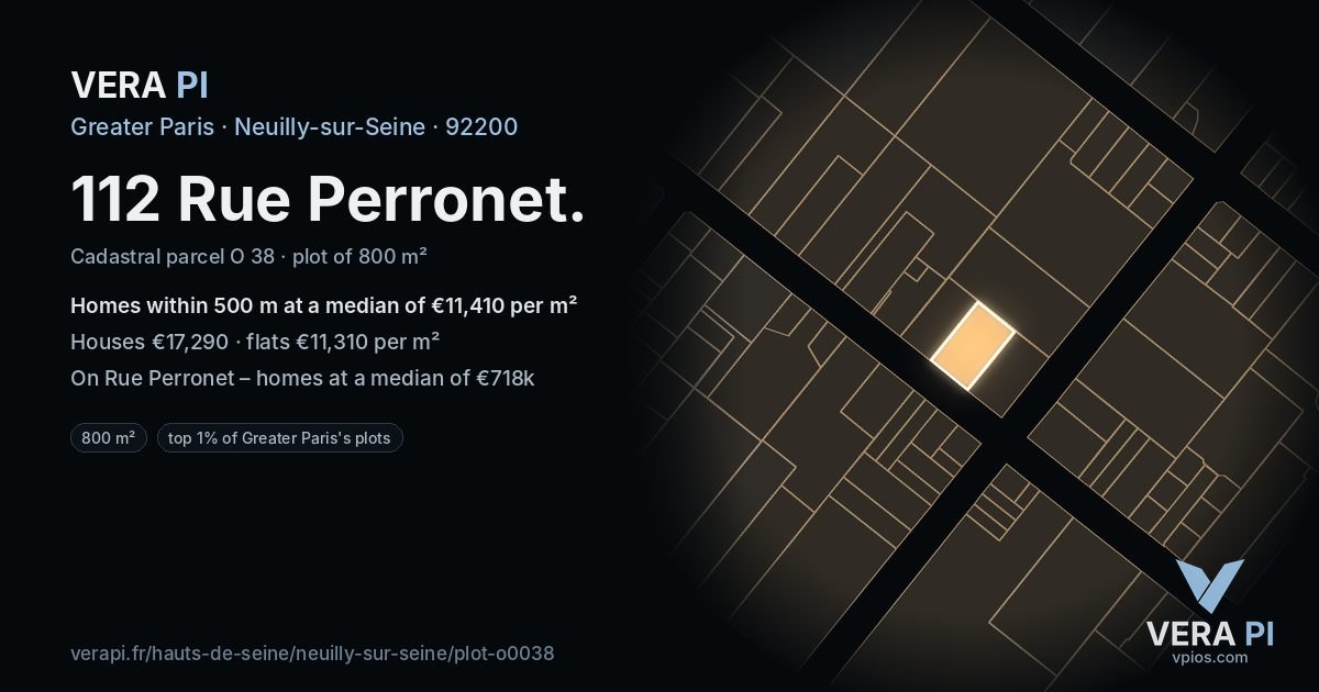112 Rue Perronet, Neuilly-sur-Seine at night – the plot lit, the parcels around coloured by the prices near them