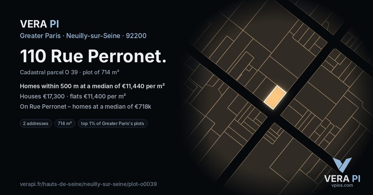 110 Rue Perronet, Neuilly-sur-Seine at night – the plot lit, the parcels around coloured by the prices near them