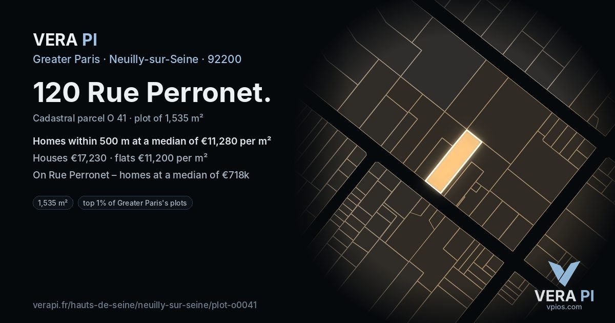 120 Rue Perronet, Neuilly-sur-Seine at night – the plot lit, the parcels around coloured by the prices near them