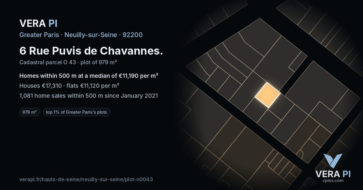 6 Rue Puvis de Chavannes, Neuilly-sur-Seine at night – the plot lit, the parcels around coloured by the prices near them