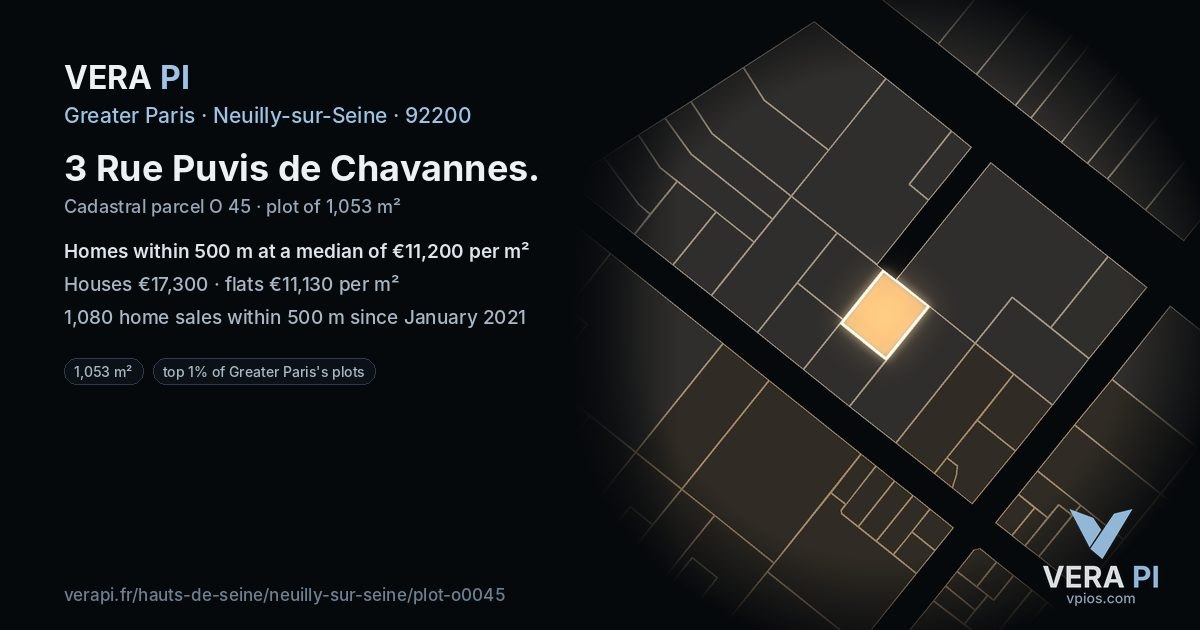 3 Rue Puvis de Chavannes, Neuilly-sur-Seine at night – the plot lit, the parcels around coloured by the prices near them