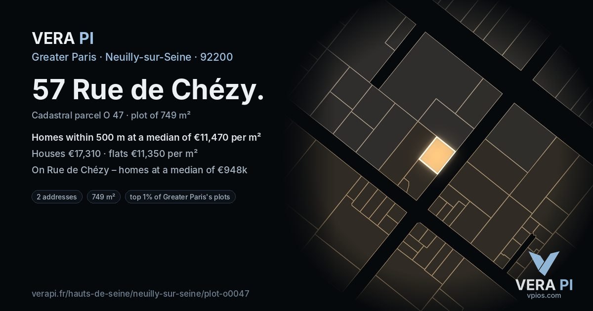 57 Rue de Chézy, Neuilly-sur-Seine at night – the plot lit, the parcels around coloured by the prices near them