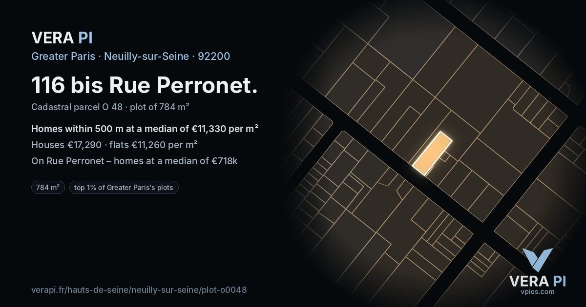 116 bis Rue Perronet, Neuilly-sur-Seine at night – the plot lit, the parcels around coloured by the prices near them