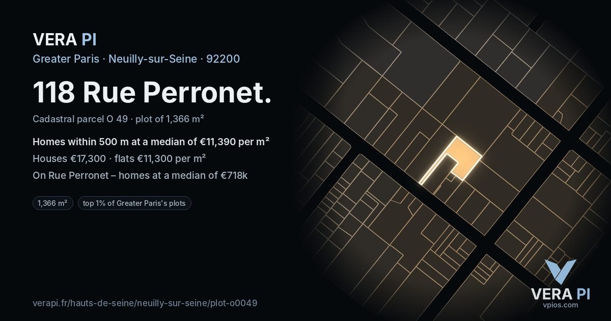 118 Rue Perronet, Neuilly-sur-Seine at night – the plot lit, the parcels around coloured by the prices near them