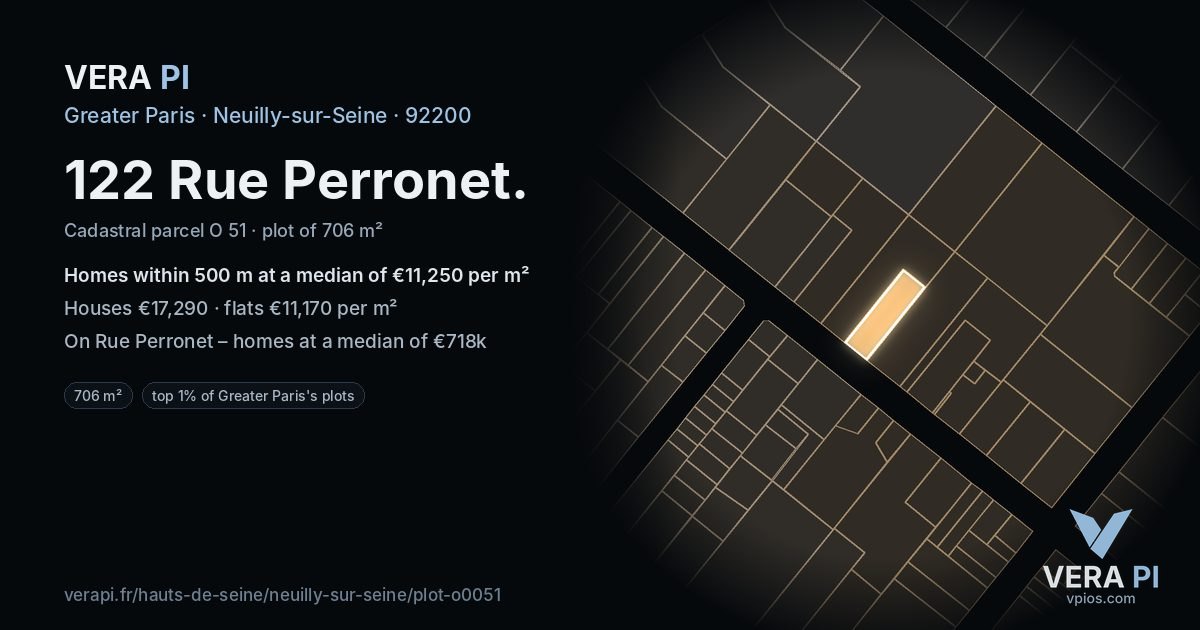 122 Rue Perronet, Neuilly-sur-Seine at night – the plot lit, the parcels around coloured by the prices near them