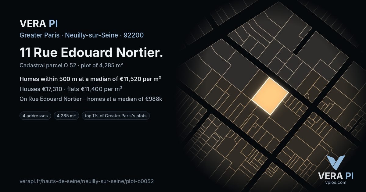 11 Rue Edouard Nortier, Neuilly-sur-Seine at night – the plot lit, the parcels around coloured by the prices near them