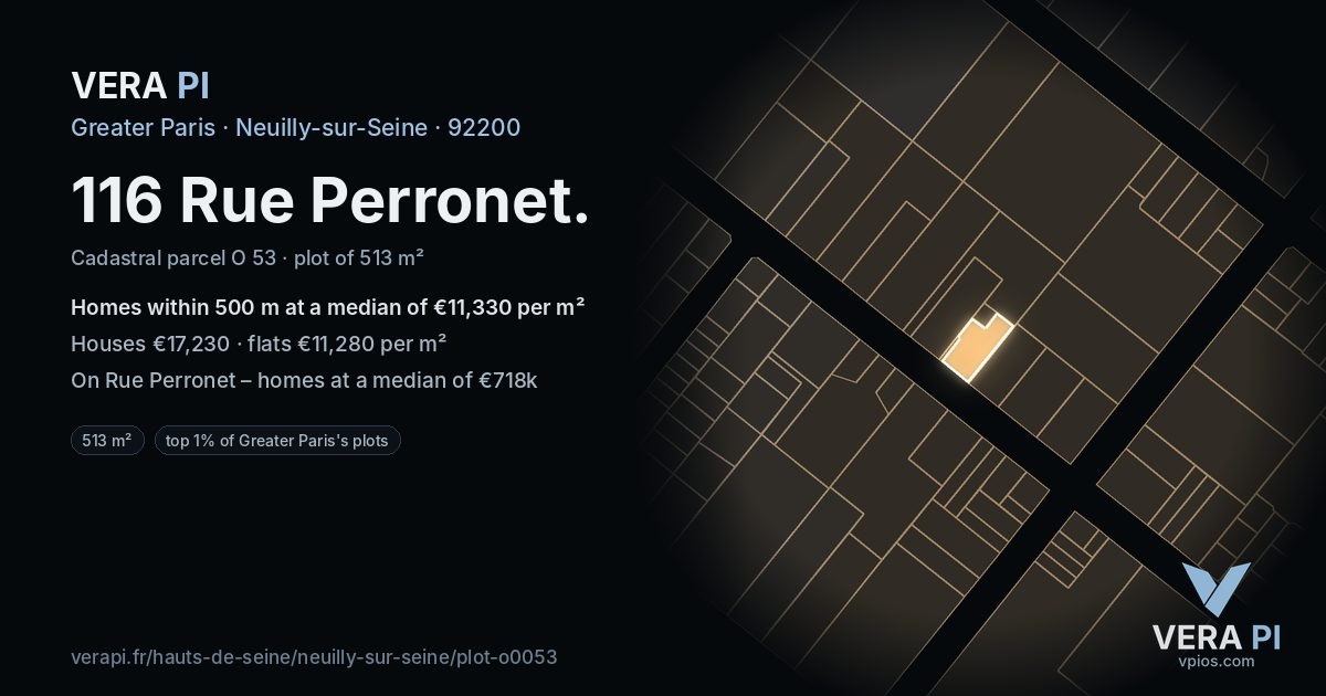 116 Rue Perronet, Neuilly-sur-Seine at night – the plot lit, the parcels around coloured by the prices near them