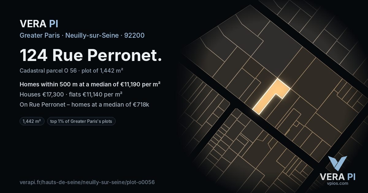 124 Rue Perronet, Neuilly-sur-Seine at night – the plot lit, the parcels around coloured by the prices near them