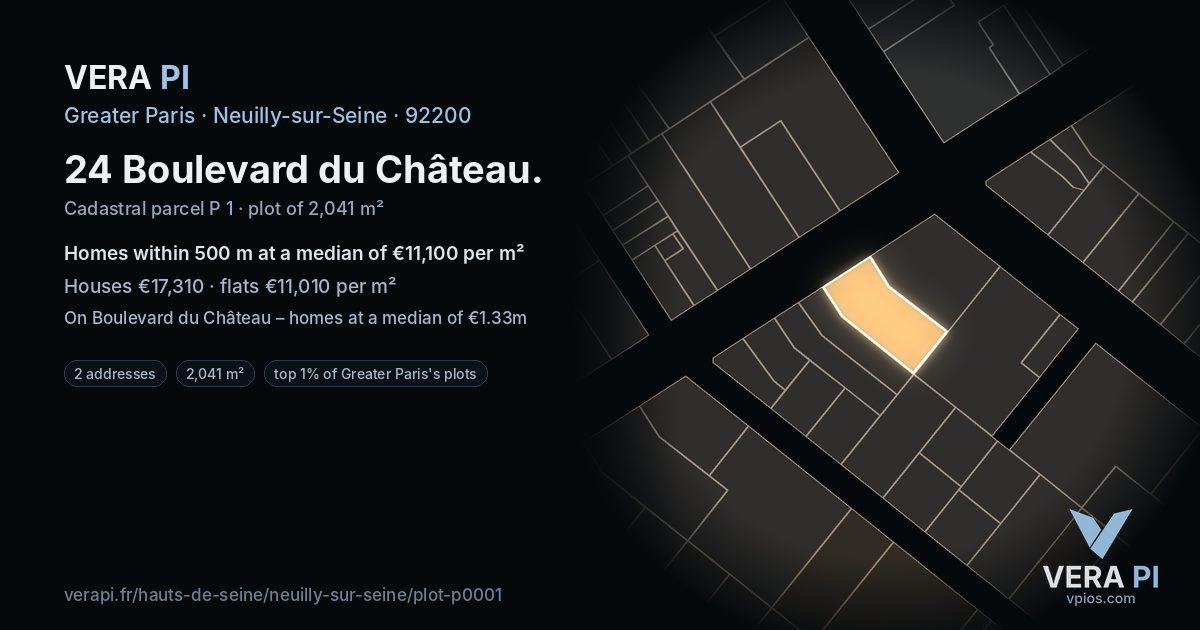 24 Boulevard du Château, Neuilly-sur-Seine at night – the plot lit, the parcels around coloured by the prices near them
