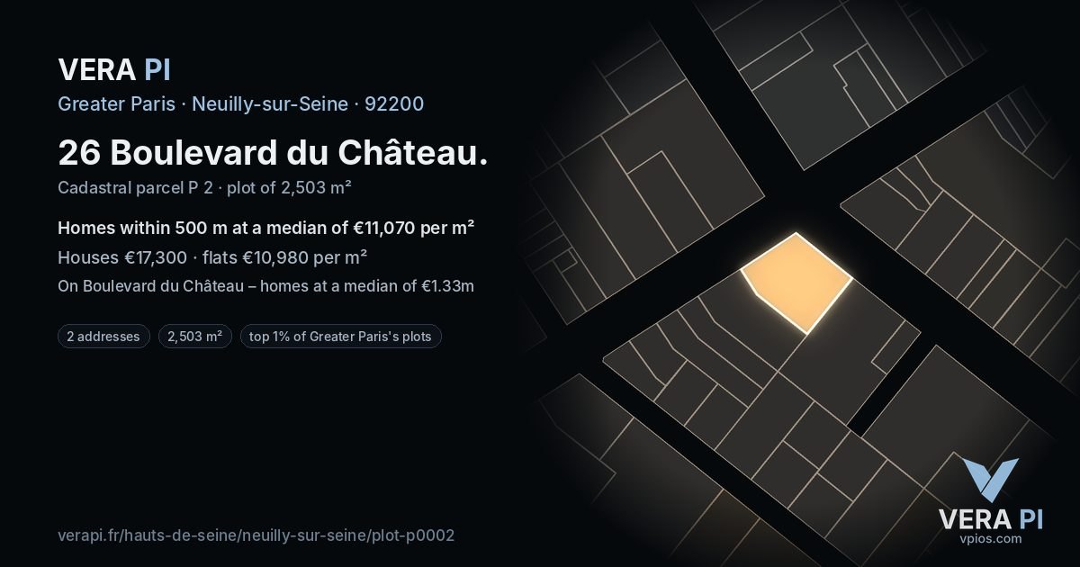 26 Boulevard du Château, Neuilly-sur-Seine at night – the plot lit, the parcels around coloured by the prices near them