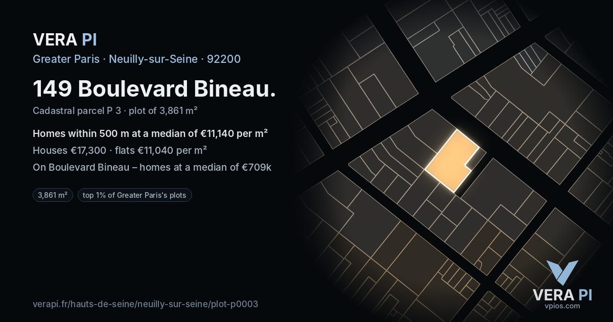 149 Boulevard Bineau, Neuilly-sur-Seine at night – the plot lit, the parcels around coloured by the prices near them