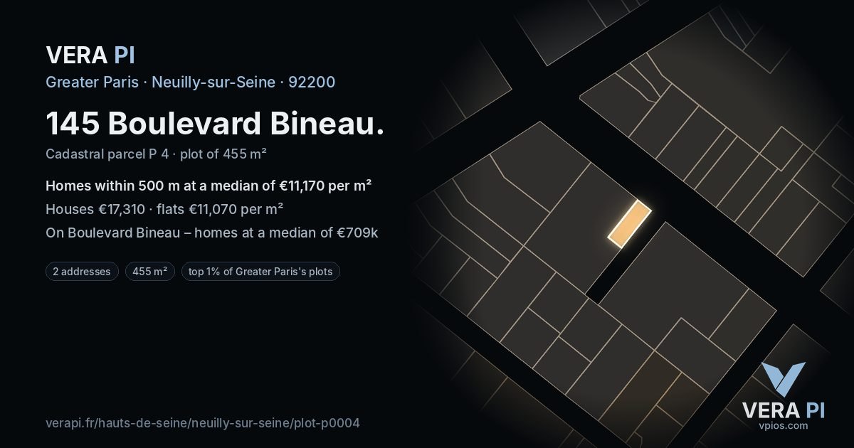 145 Boulevard Bineau, Neuilly-sur-Seine at night – the plot lit, the parcels around coloured by the prices near them