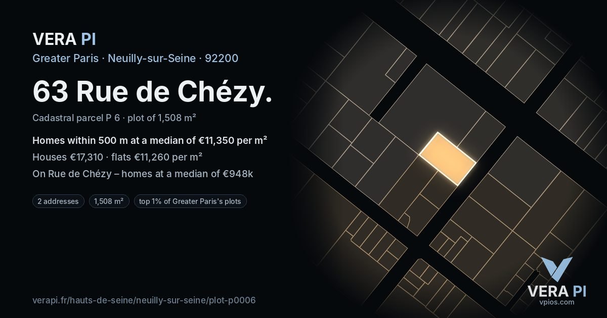 63 Rue de Chézy, Neuilly-sur-Seine at night – the plot lit, the parcels around coloured by the prices near them