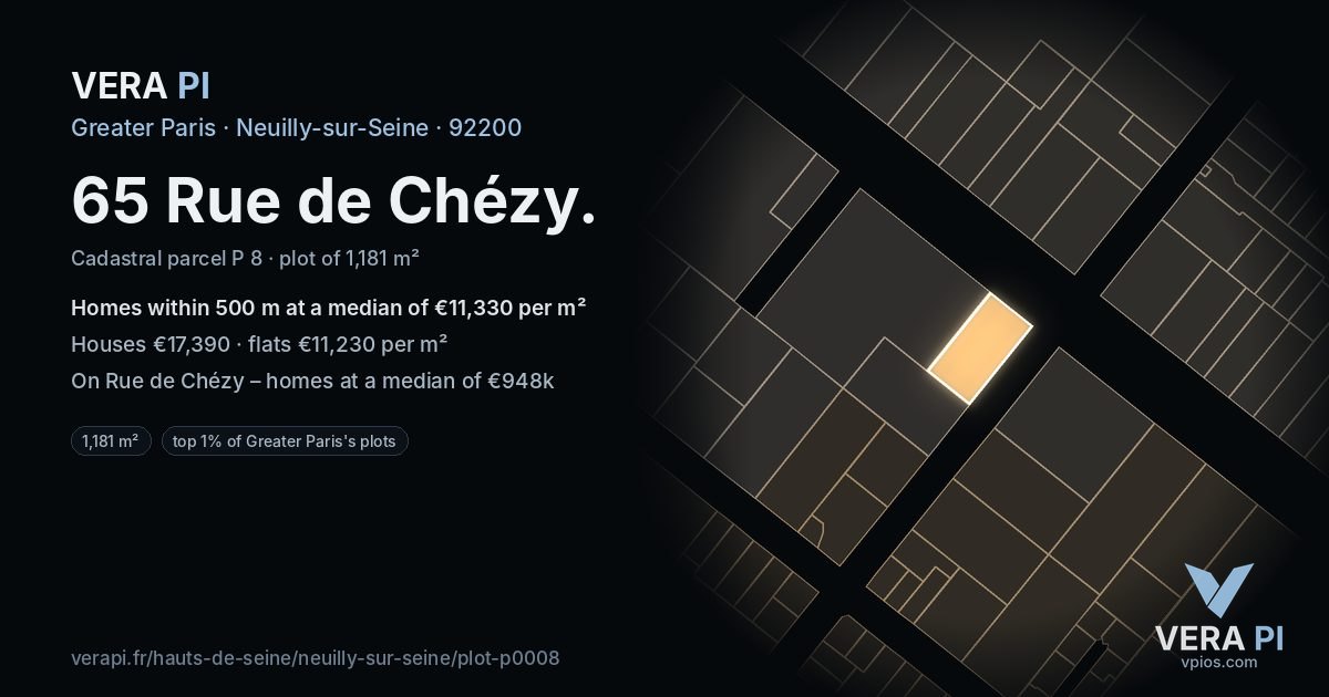 65 Rue de Chézy, Neuilly-sur-Seine at night – the plot lit, the parcels around coloured by the prices near them