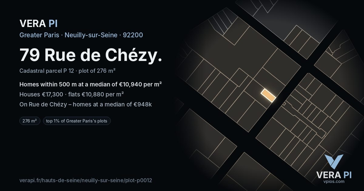 79 Rue de Chézy, Neuilly-sur-Seine at night – the plot lit, the parcels around coloured by the prices near them