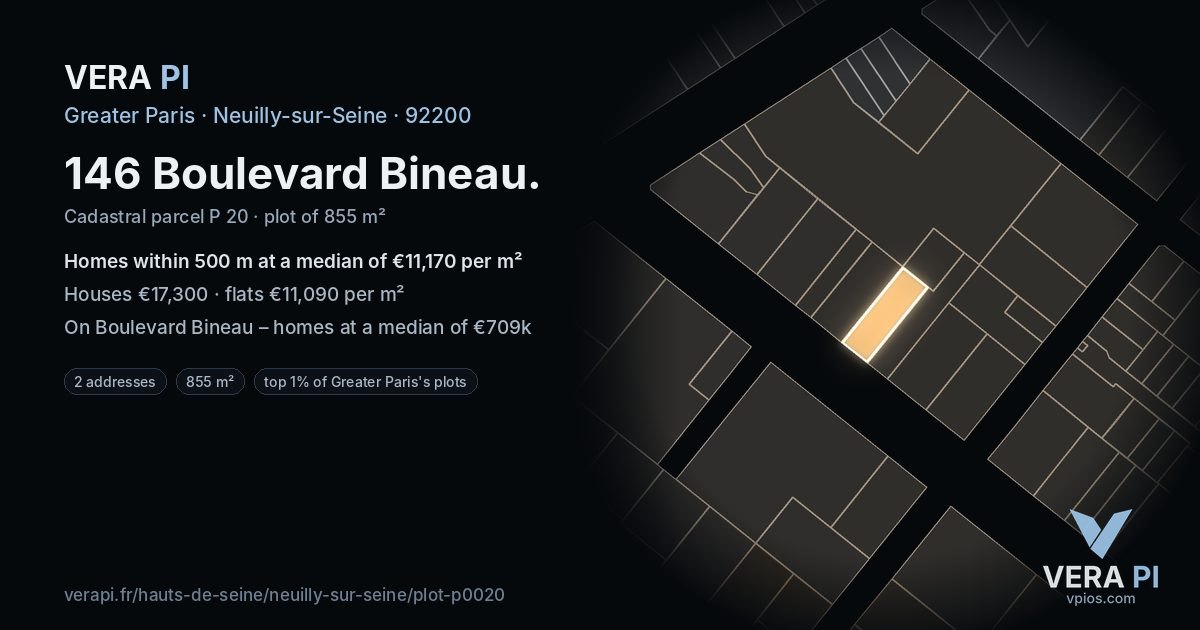 146 Boulevard Bineau, Neuilly-sur-Seine at night – the plot lit, the parcels around coloured by the prices near them