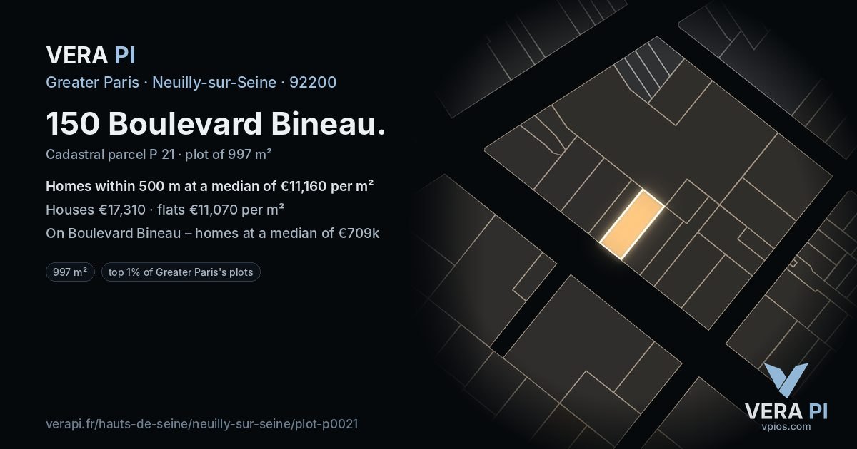 150 Boulevard Bineau, Neuilly-sur-Seine at night – the plot lit, the parcels around coloured by the prices near them
