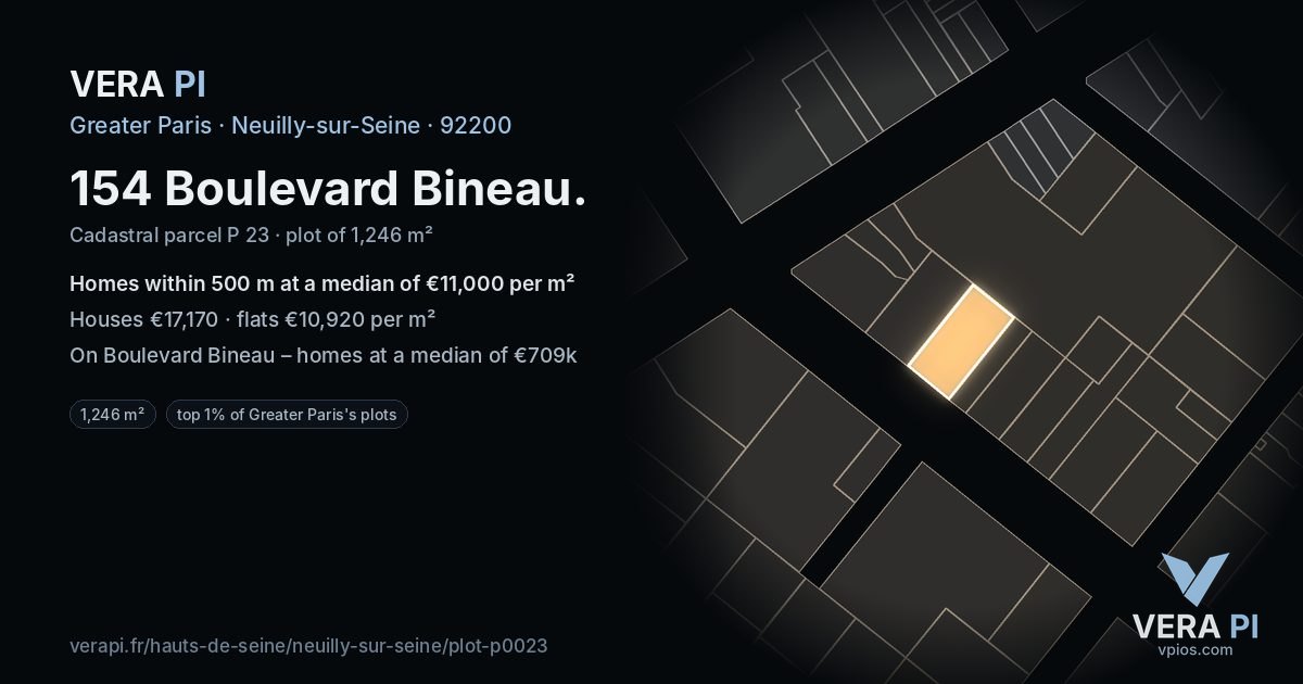 154 Boulevard Bineau, Neuilly-sur-Seine at night – the plot lit, the parcels around coloured by the prices near them