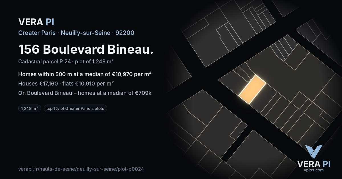 156 Boulevard Bineau, Neuilly-sur-Seine at night – the plot lit, the parcels around coloured by the prices near them