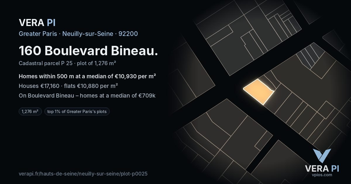 160 Boulevard Bineau, Neuilly-sur-Seine at night – the plot lit, the parcels around coloured by the prices near them