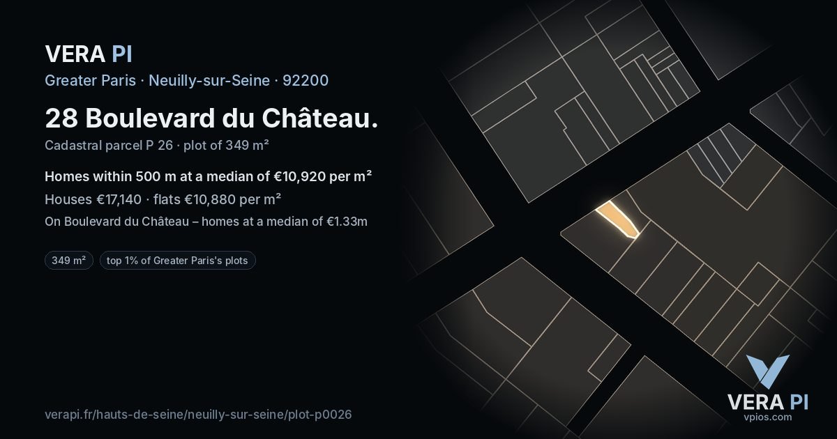 28 Boulevard du Château, Neuilly-sur-Seine at night – the plot lit, the parcels around coloured by the prices near them
