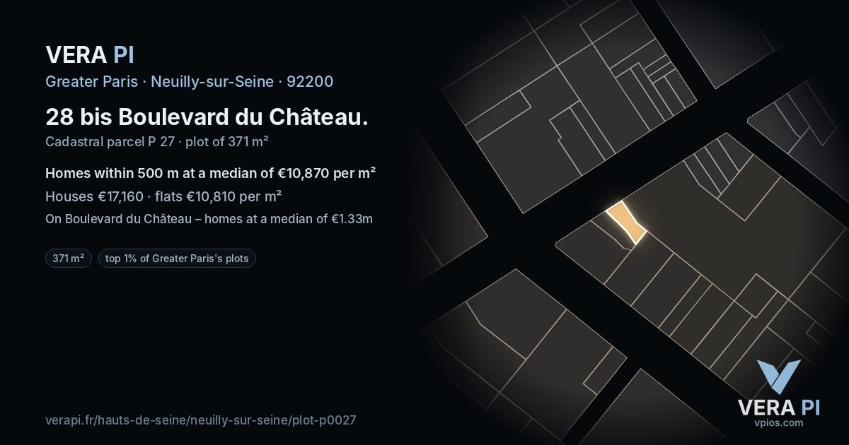 28 bis Boulevard du Château, Neuilly-sur-Seine at night – the plot lit, the parcels around coloured by the prices near them