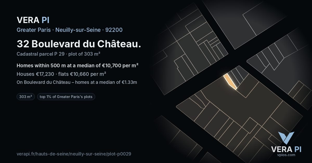 32 Boulevard du Château, Neuilly-sur-Seine at night – the plot lit, the parcels around coloured by the prices near them