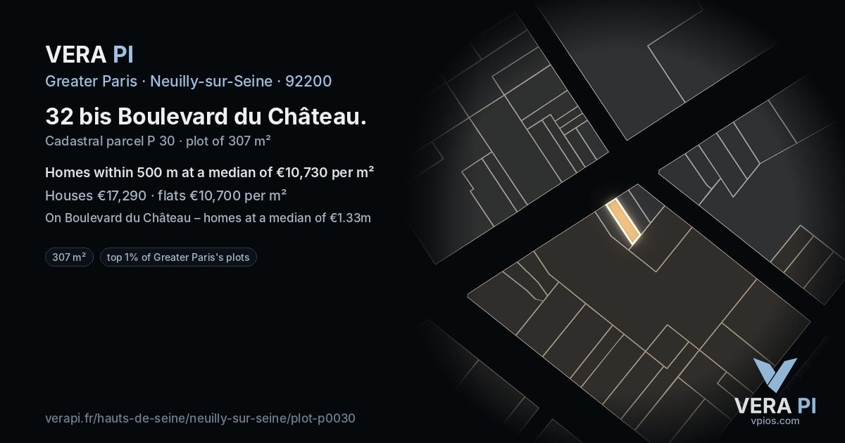 32 bis Boulevard du Château, Neuilly-sur-Seine at night – the plot lit, the parcels around coloured by the prices near them