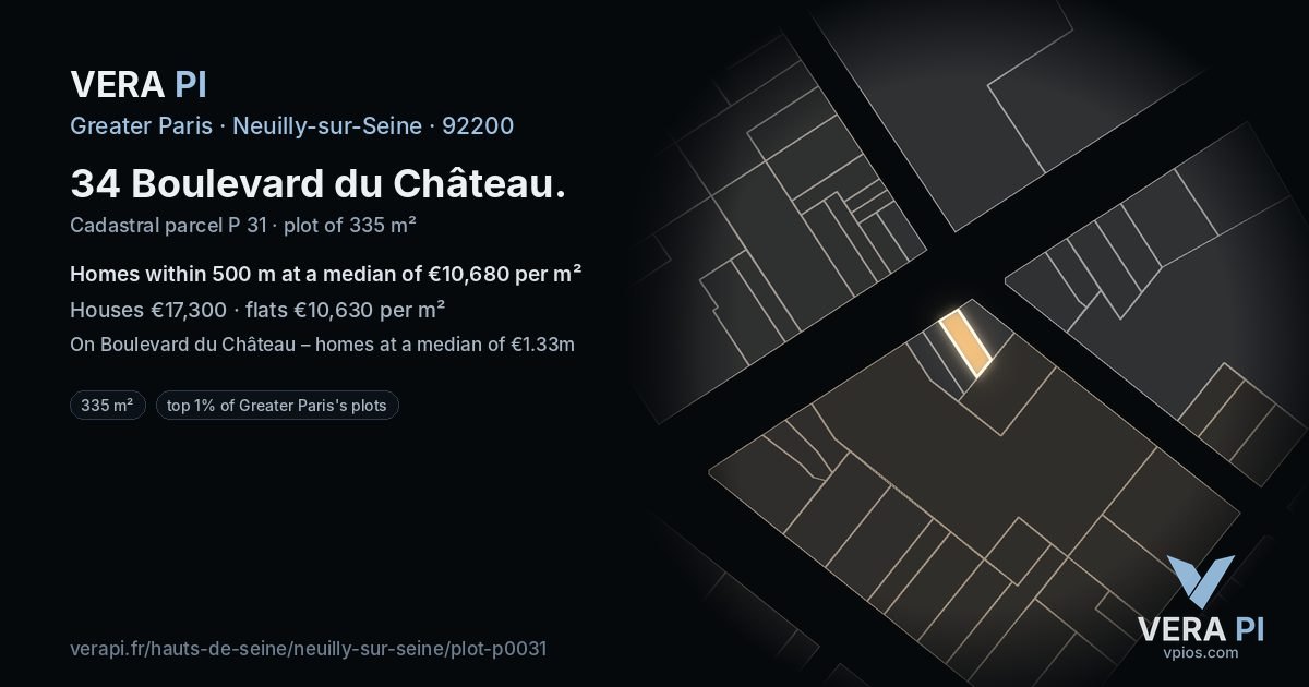 34 Boulevard du Château, Neuilly-sur-Seine at night – the plot lit, the parcels around coloured by the prices near them
