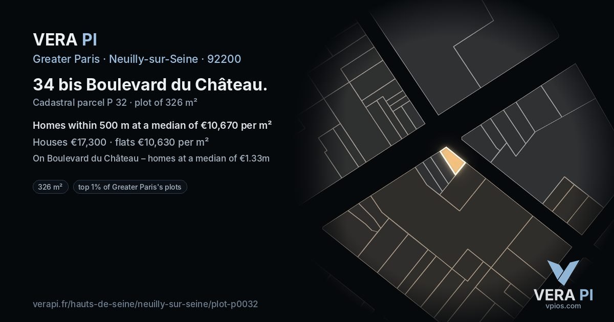 34 bis Boulevard du Château, Neuilly-sur-Seine at night – the plot lit, the parcels around coloured by the prices near them