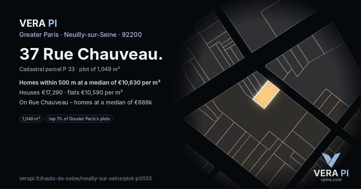 37 Rue Chauveau, Neuilly-sur-Seine at night – the plot lit, the parcels around coloured by the prices near them