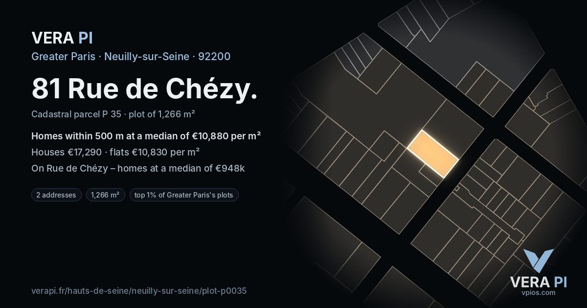 81 Rue de Chézy, Neuilly-sur-Seine at night – the plot lit, the parcels around coloured by the prices near them
