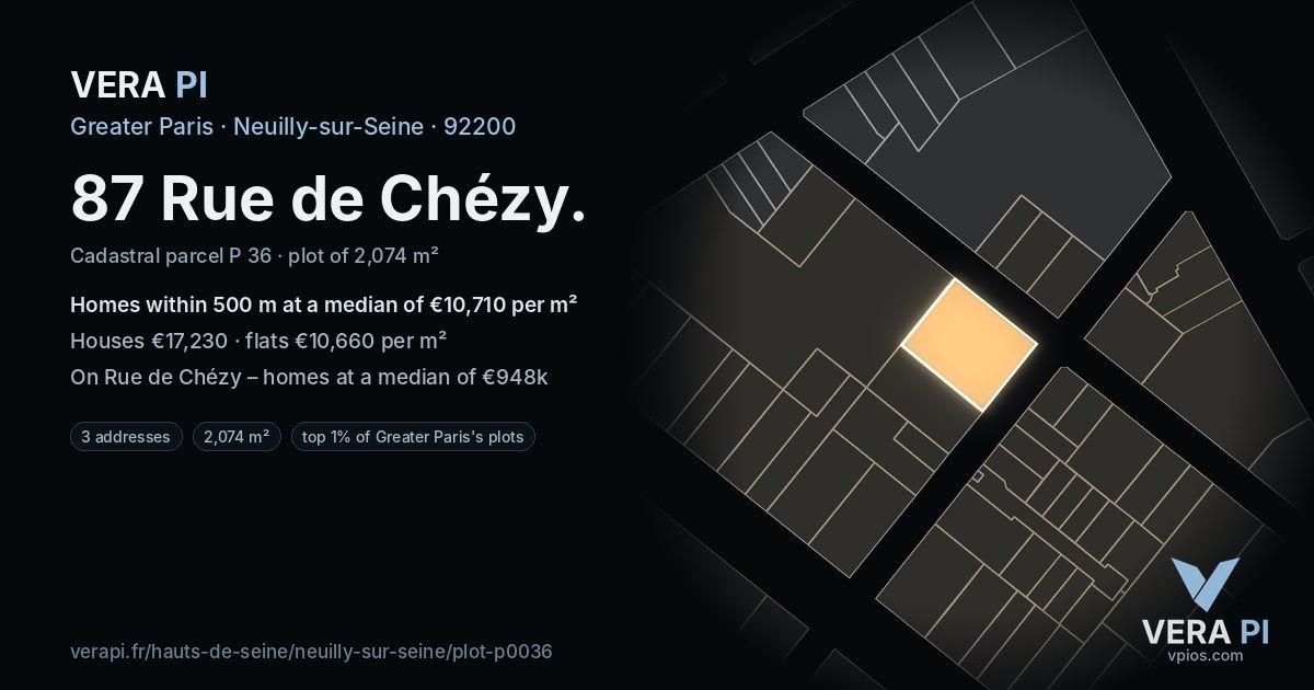 87 Rue de Chézy, Neuilly-sur-Seine at night – the plot lit, the parcels around coloured by the prices near them
