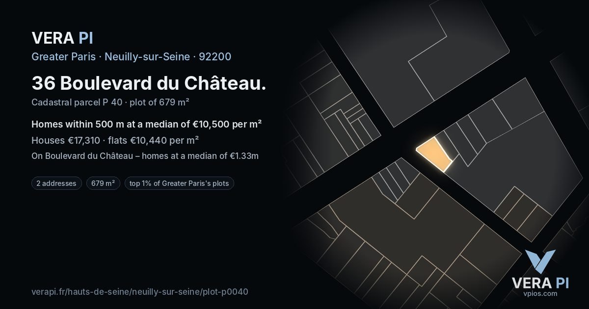 36 Boulevard du Château, Neuilly-sur-Seine at night – the plot lit, the parcels around coloured by the prices near them