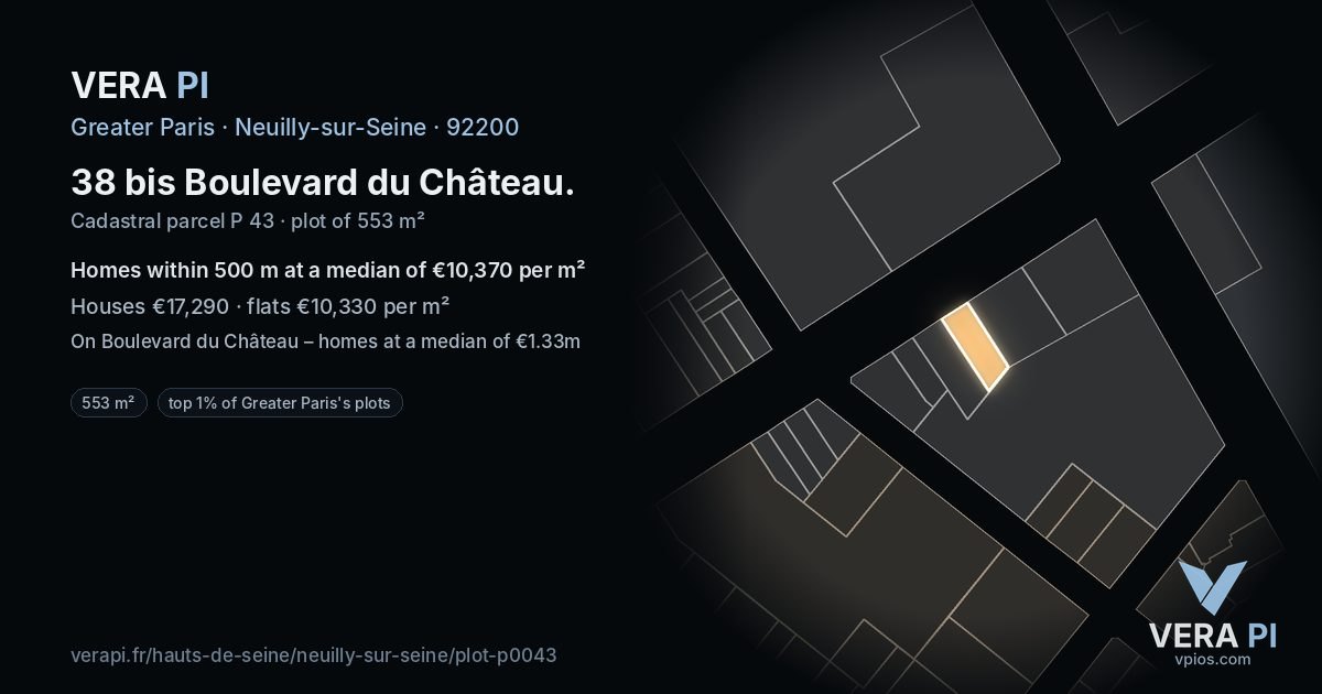 38 bis Boulevard du Château, Neuilly-sur-Seine at night – the plot lit, the parcels around coloured by the prices near them