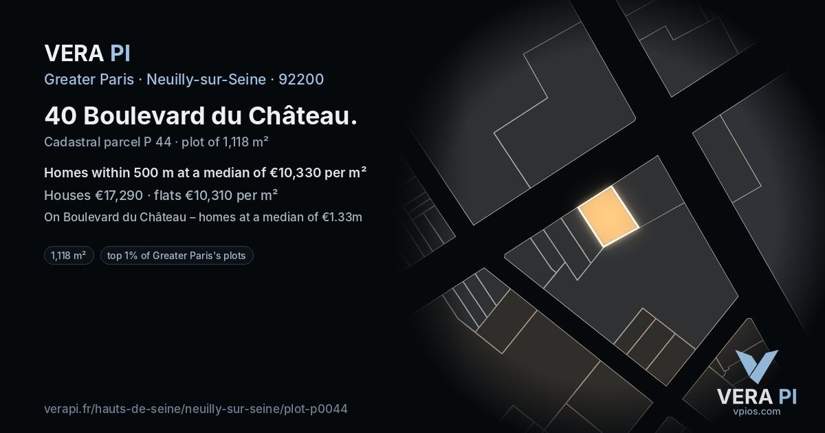 40 Boulevard du Château, Neuilly-sur-Seine at night – the plot lit, the parcels around coloured by the prices near them