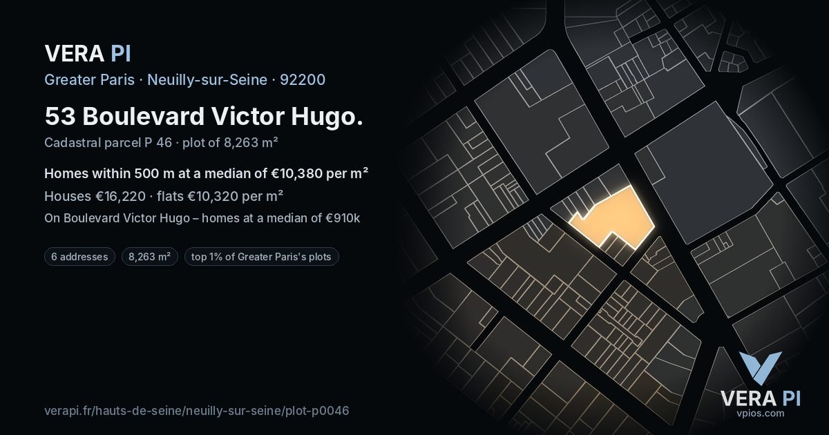 53 Boulevard Victor Hugo, Neuilly-sur-Seine at night – the plot lit, the parcels around coloured by the prices near them