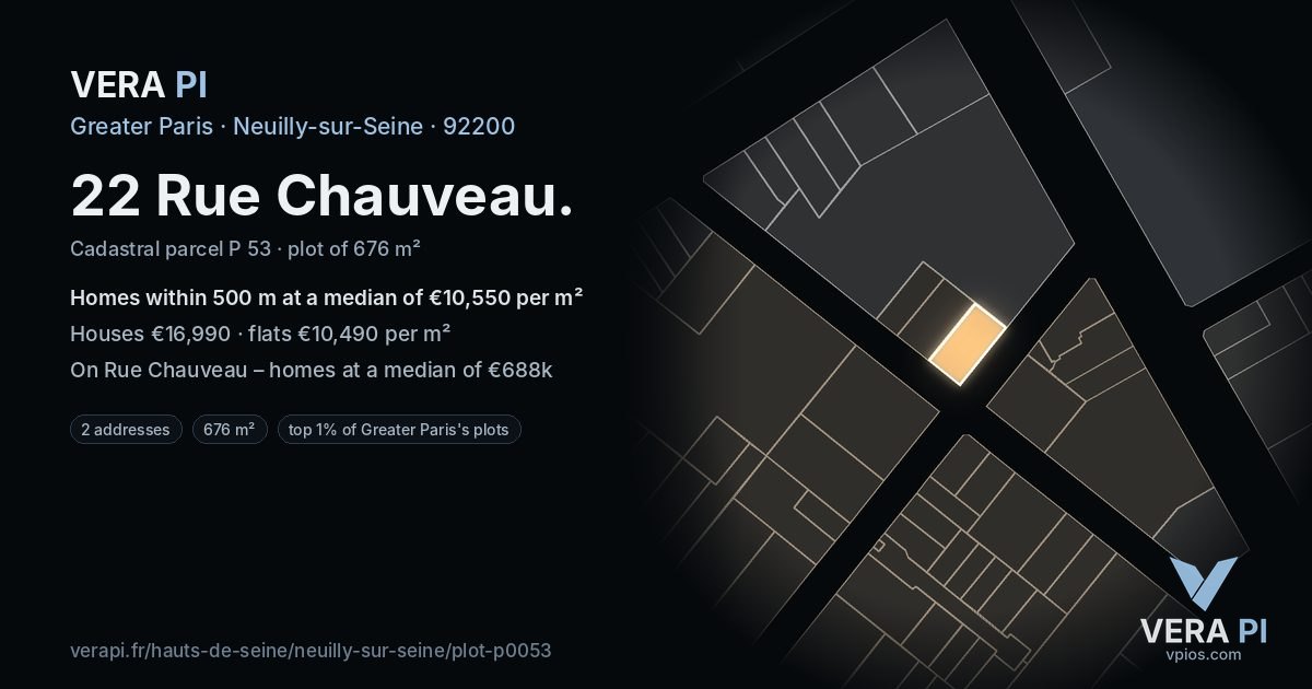 22 Rue Chauveau, Neuilly-sur-Seine at night – the plot lit, the parcels around coloured by the prices near them