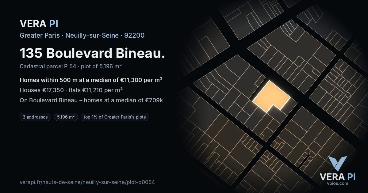 135 Boulevard Bineau, Neuilly-sur-Seine at night – the plot lit, the parcels around coloured by the prices near them