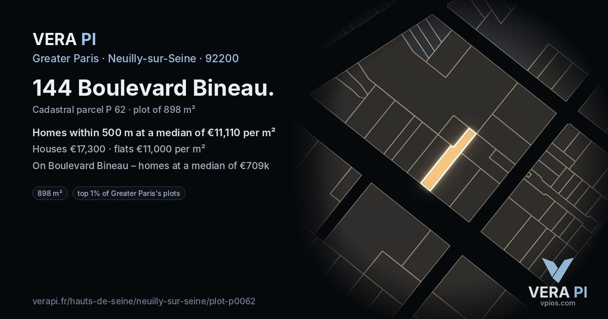144 Boulevard Bineau, Neuilly-sur-Seine at night – the plot lit, the parcels around coloured by the prices near them