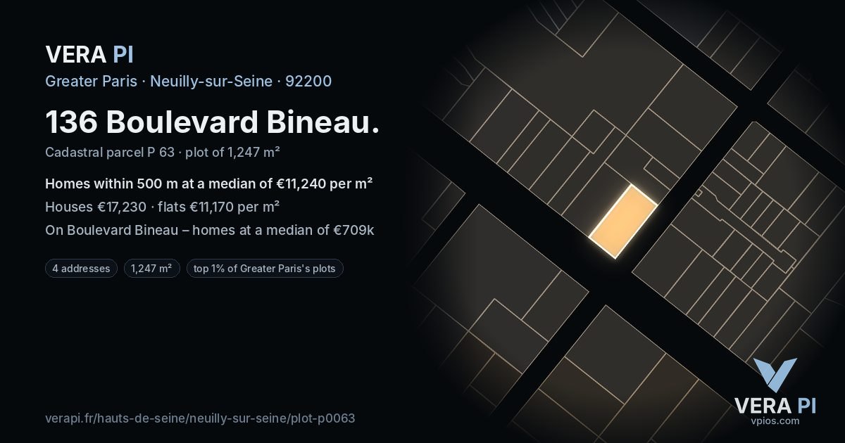 136 Boulevard Bineau, Neuilly-sur-Seine at night – the plot lit, the parcels around coloured by the prices near them