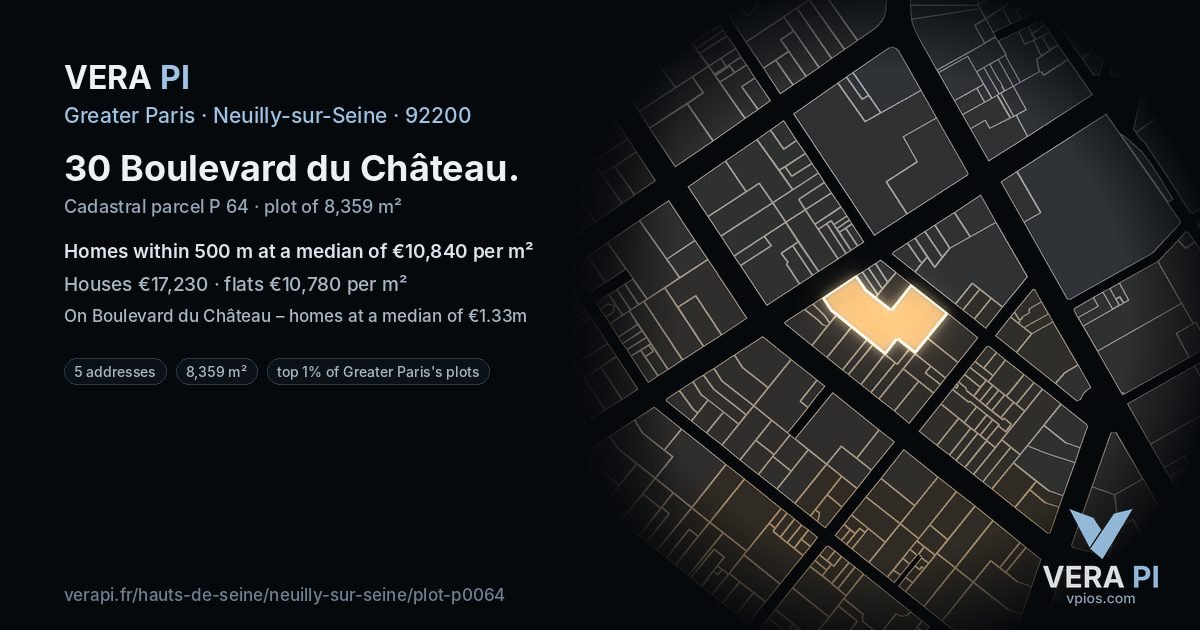 30 Boulevard du Château, Neuilly-sur-Seine at night – the plot lit, the parcels around coloured by the prices near them