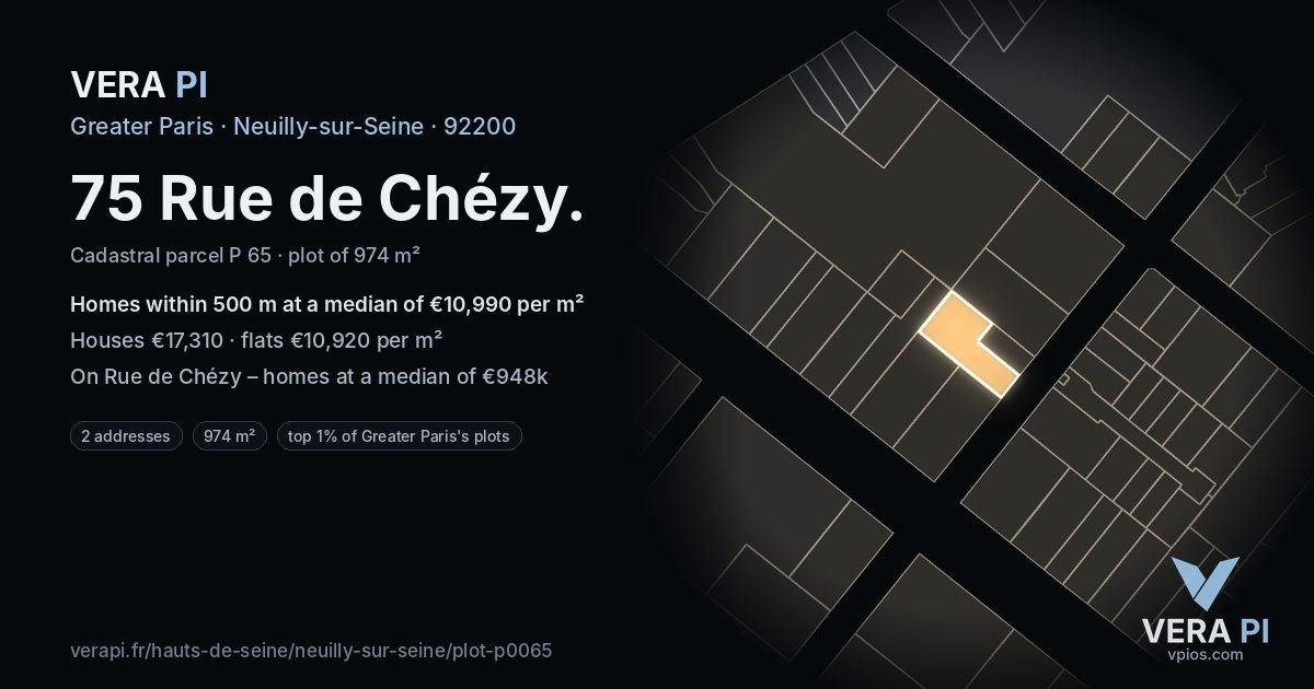 75 Rue de Chézy, Neuilly-sur-Seine at night – the plot lit, the parcels around coloured by the prices near them