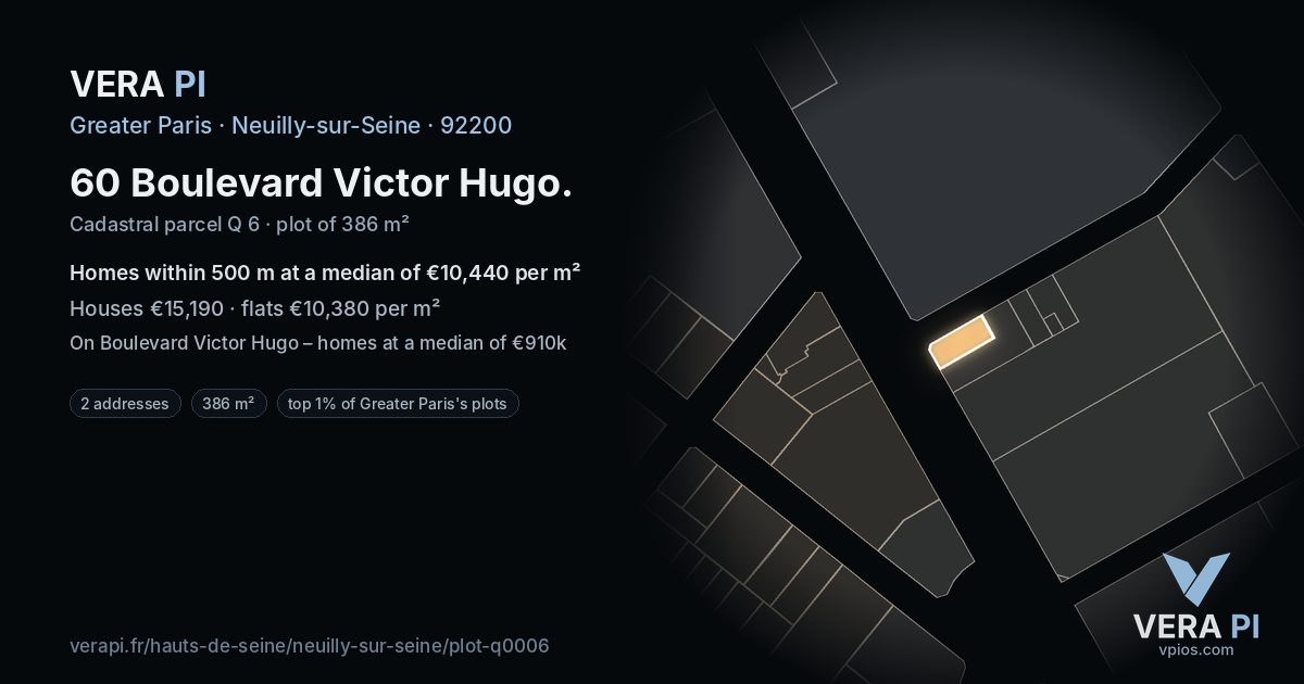 60 Boulevard Victor Hugo, Neuilly-sur-Seine at night – the plot lit, the parcels around coloured by the prices near them