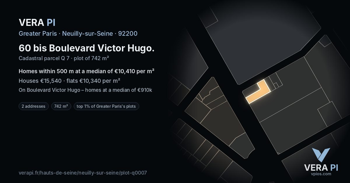 60 bis Boulevard Victor Hugo, Neuilly-sur-Seine at night – the plot lit, the parcels around coloured by the prices near them
