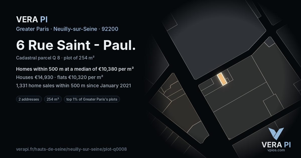 6 Rue Saint - Paul, Neuilly-sur-Seine at night – the plot lit, the parcels around coloured by the prices near them